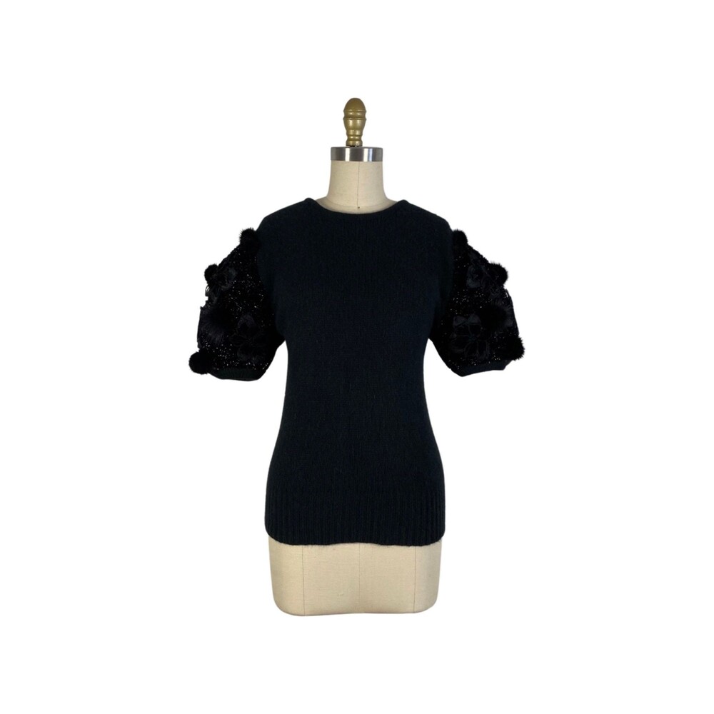 Vintage 1980s Short Puff Sleeve Black Sweater with Fur Baubles Size M